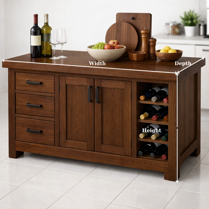 Solid Wood Kitchen Island with Wine Rack & Storage Drawers – Kitchen Storage Cabinet