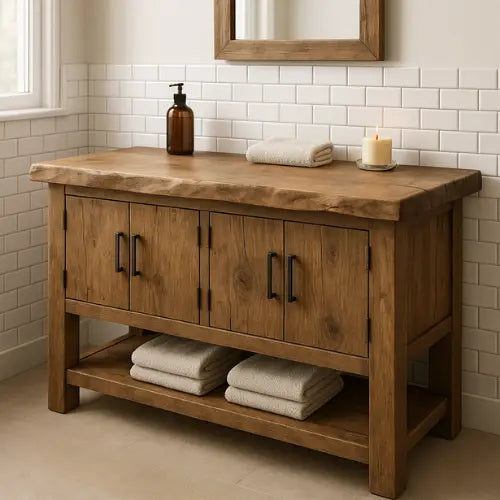 Handcrafted Solid Wood Bathroom Vanity – Live Edge Top with Four Doors & Open Shelf Kitchnce