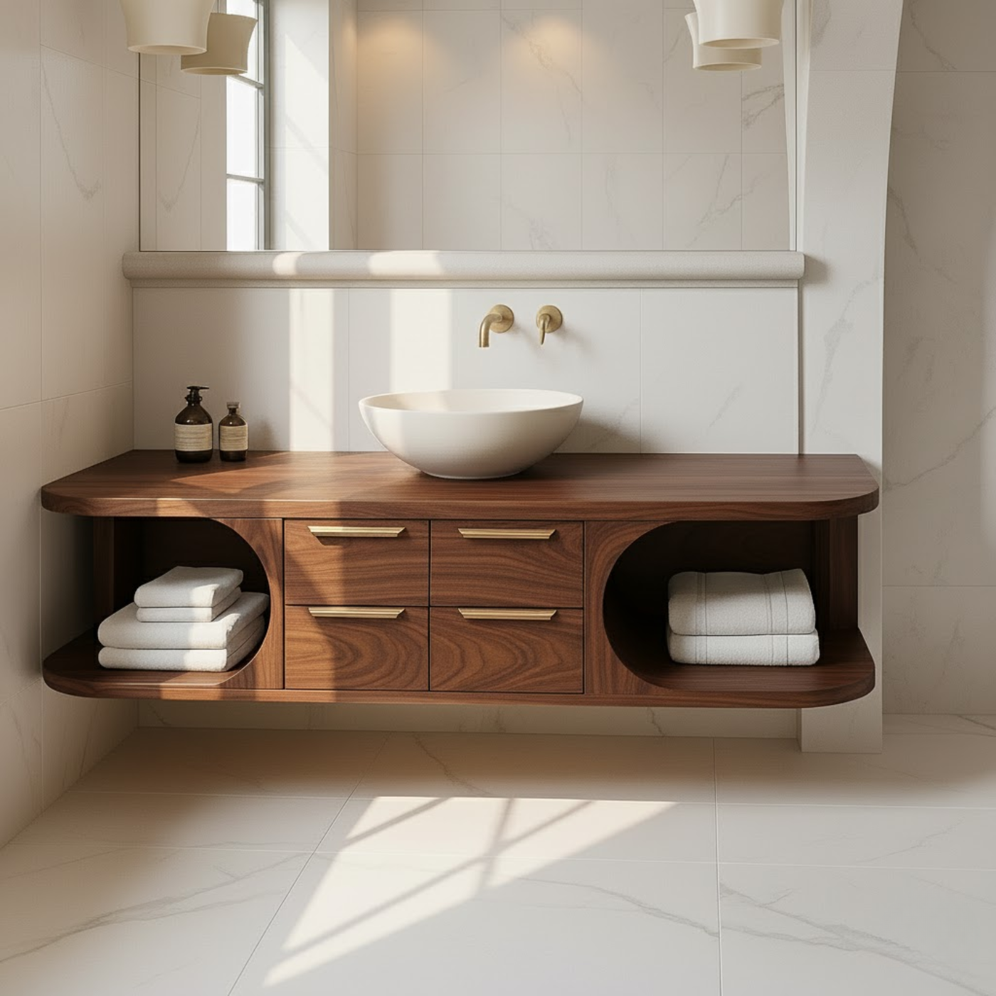 Floating Solid Wood Bathroom Vanity with Drawers and Open Shelves for Contemporary Bathrooms Kitchnce