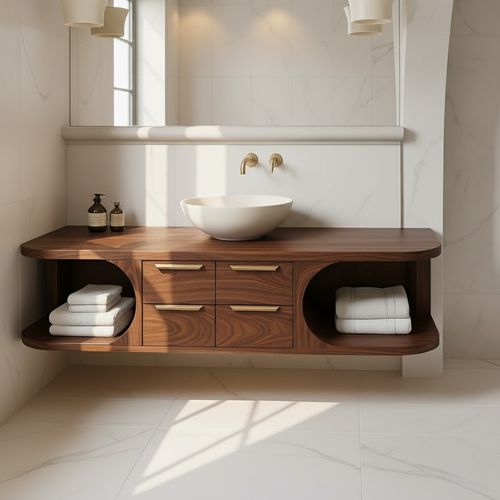 Floating Solid Wood Bathroom Vanity with Drawers and Open Shelves for Contemporary Bathrooms Kitchnce