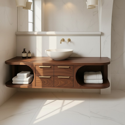 Floating Solid Wood Bathroom Vanity with Drawers and Open Shelves for Contemporary Bathrooms Kitchnce