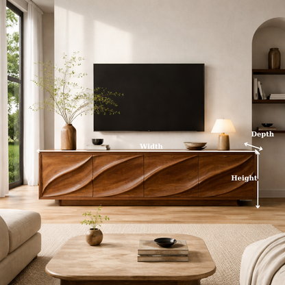 Solid Wood TV Stand with Carved Wave Front – Modern Luxury Media Console Cabinet