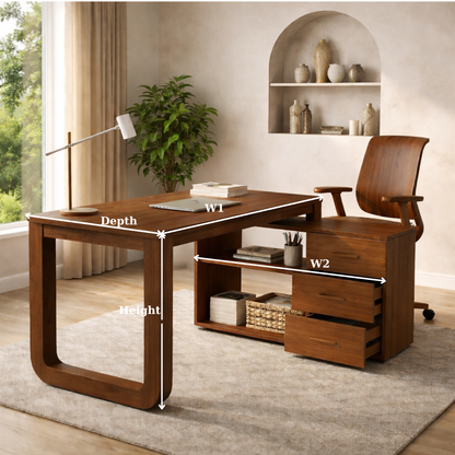 Solid Wood Desk with Storage Drawers – Modern Home Office Table with Side Cabinet