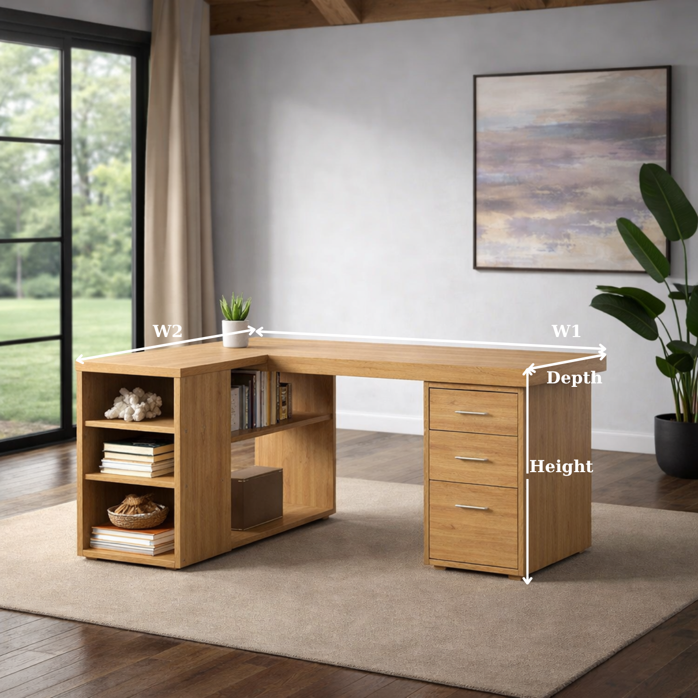 Solid Wood L-Shaped Desk with Storage – Corner Home Office Desk with Drawers and Shelves