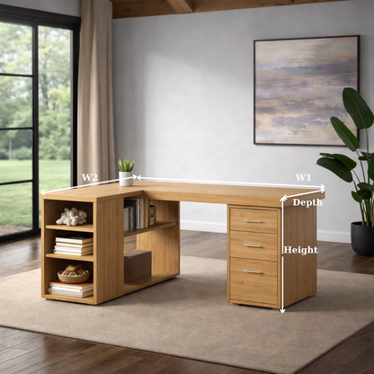 Solid Wood L-Shaped Desk with Storage – Corner Home Office Desk with Drawers and Shelves
