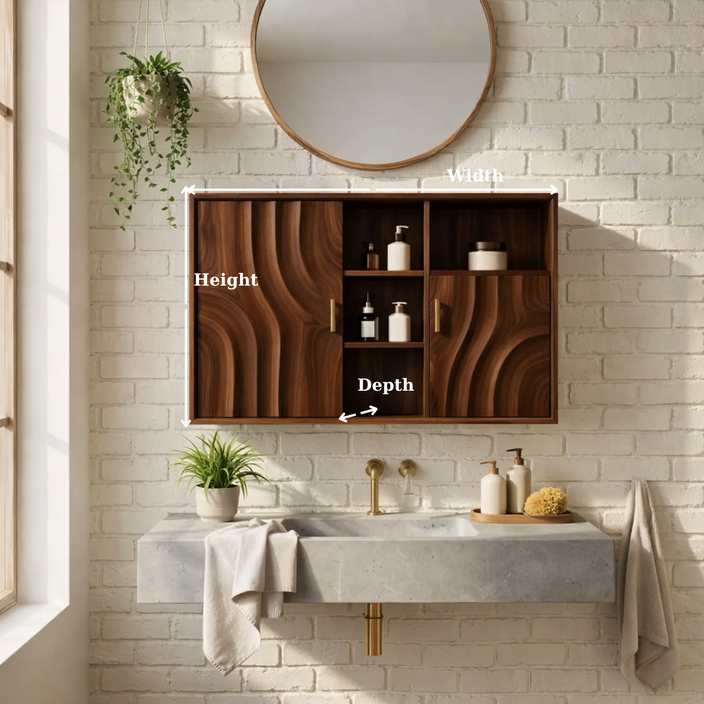 Solid Wood Floating Bathroom Cabinet with Wave Doors & Open Shelving