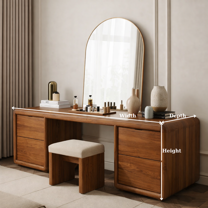 Solid Wood Makeup Vanity Desk with 4 Drawers, Rounded Waterfall Wooden Dressing Table