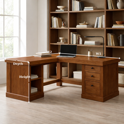 Solid Wood L Shaped Office Desk with 3 Drawers and Open Side Shelves, Modern Wooden Corner Desk
