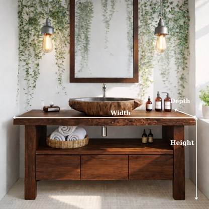 Live Edge Solid Wood Bathroom Vanity with Drawers and Open Shelf – Rustic Natural Wood Bathroom Vanity Kitchnce