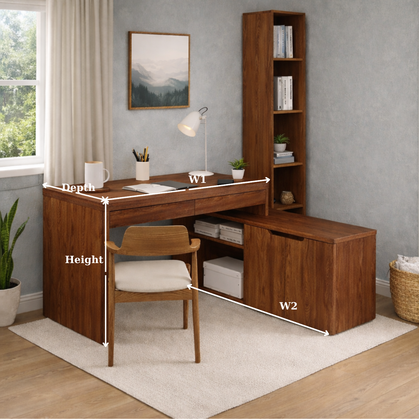 Solid Wood L-Shaped Desk with Bookshelf & Storage Cabinet – Modern Home Office Desk