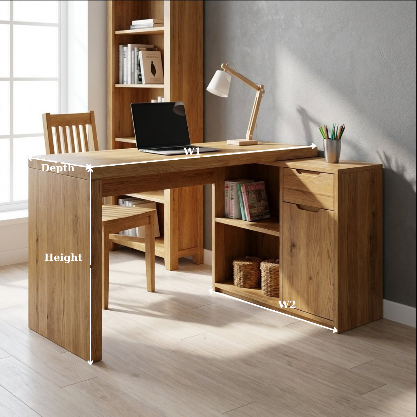 Solid Wood Desk with Storage Cabinet & Shelves – Modern Home Office Table