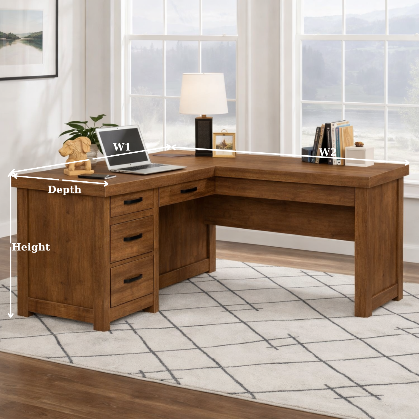 Solid Wood L Shaped Executive Office Desk with 4 Drawers and Corner Work Surface
