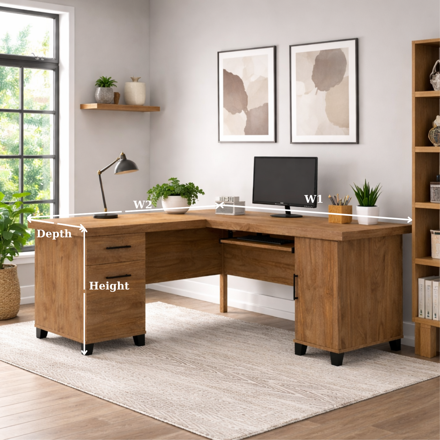 Solid Wood L Shaped Office Desk with 2 Drawers, Storage Cabinet and Keyboard Tray