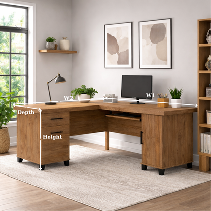 Solid Wood L Shaped Office Desk with 2 Drawers, Storage Cabinet and Keyboard Tray