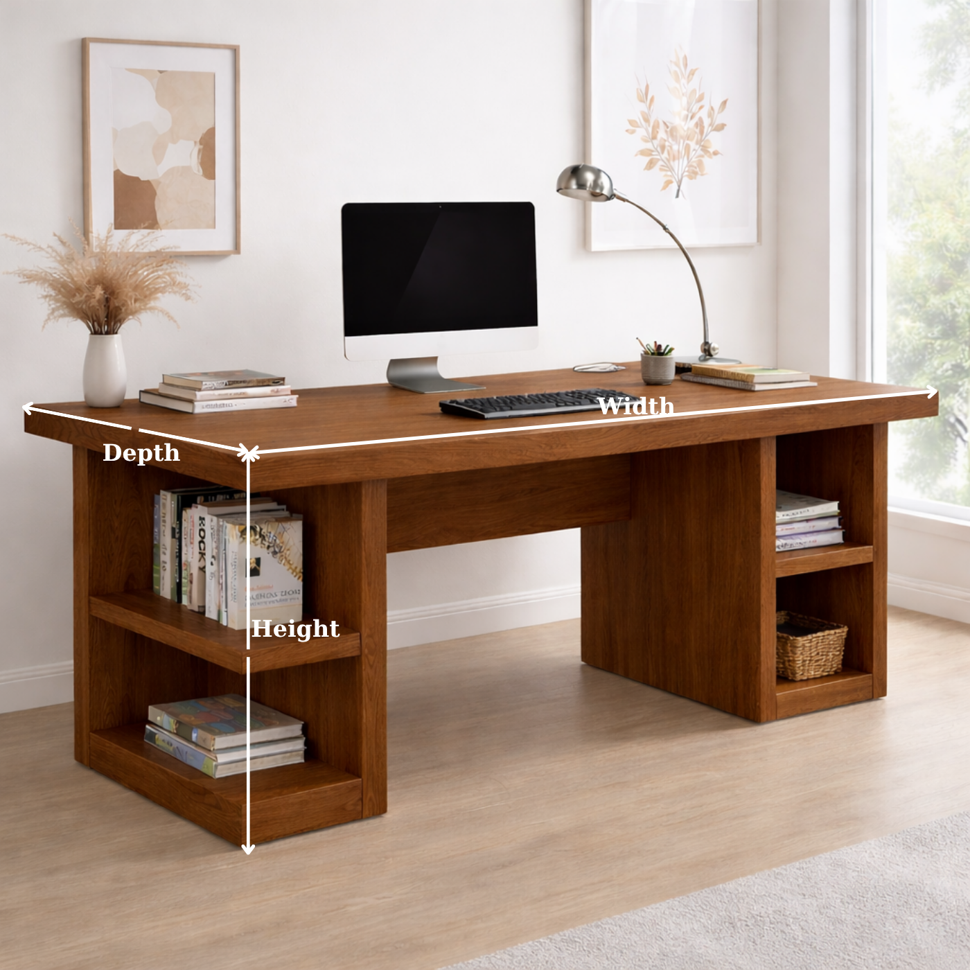 Solid Wood Office Desk with Open Shelves – Modern Minimalist Work Desk