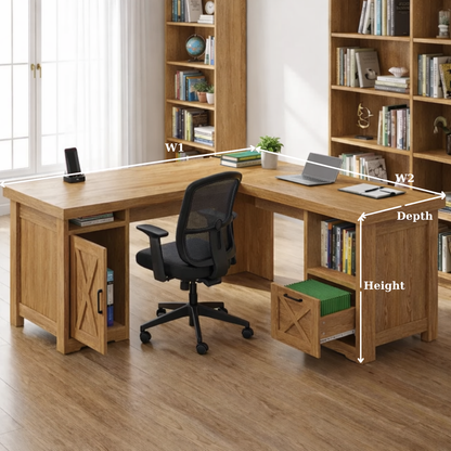 Solid Wood L Shaped Office Desk with Storage Cabinets and Shelves, Modern Wooden Executive Study Desk