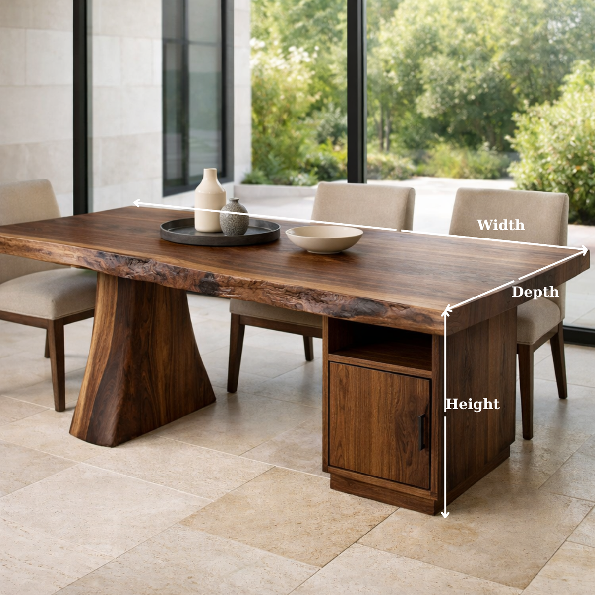 Solid Wood Live Edge Dining Table with Storage Cabinet and Sculptural Base