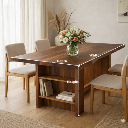 Solid Wood Live Edge Dining Table with Built-In Shelf Storage