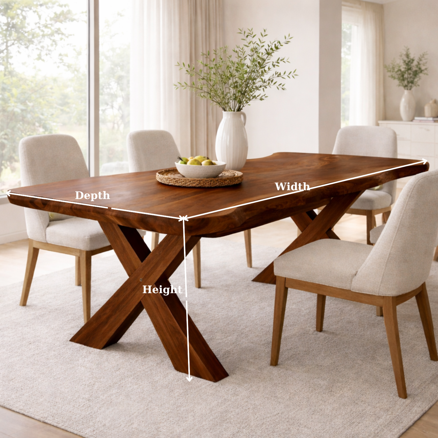 Solid Wood Live Edge Dining Table with X-Base Sculptural Legs