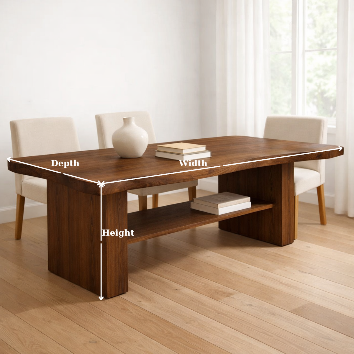 Solid Wood Dining Table with Thick Slab Top and Open Shelf Storage