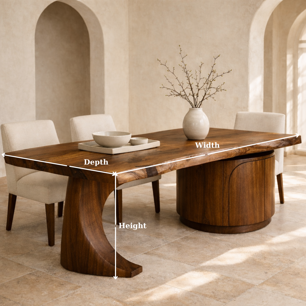 Solid Wood Live Edge Dining Table with Curved Base and Round Storage Cabinet