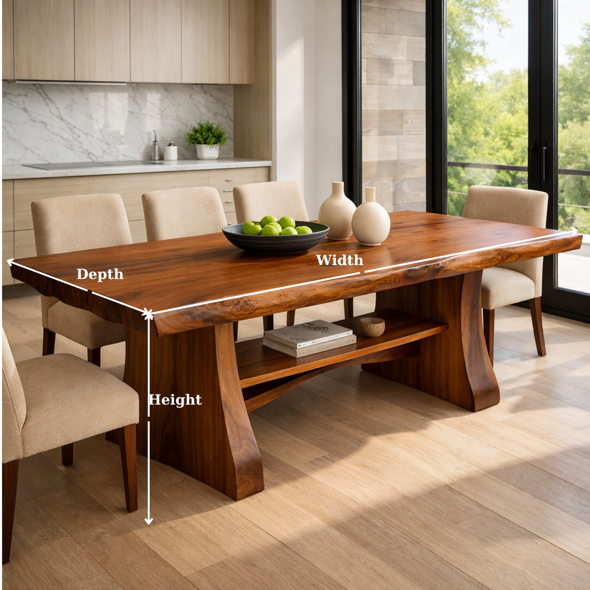 Solid Wood Live Edge Dining Table with Sculptural Base and Open Shelf