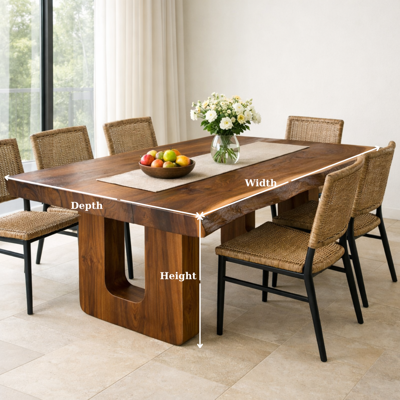 Solid Wood Live Edge Dining Table with Modern U-Shaped Base
