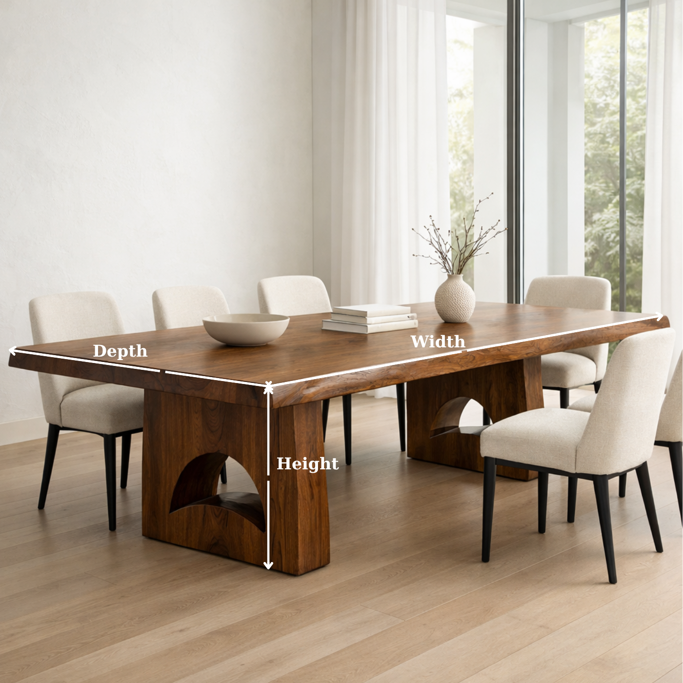 Solid Wood Dining Table with Live Edge Top and Sculptural Arch Base