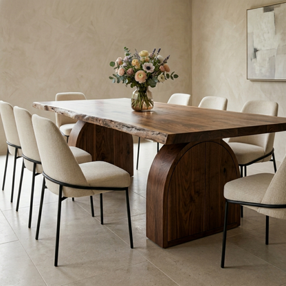 Solid Wood Live Edge Dining Table with Arch Base and Hidden Storage