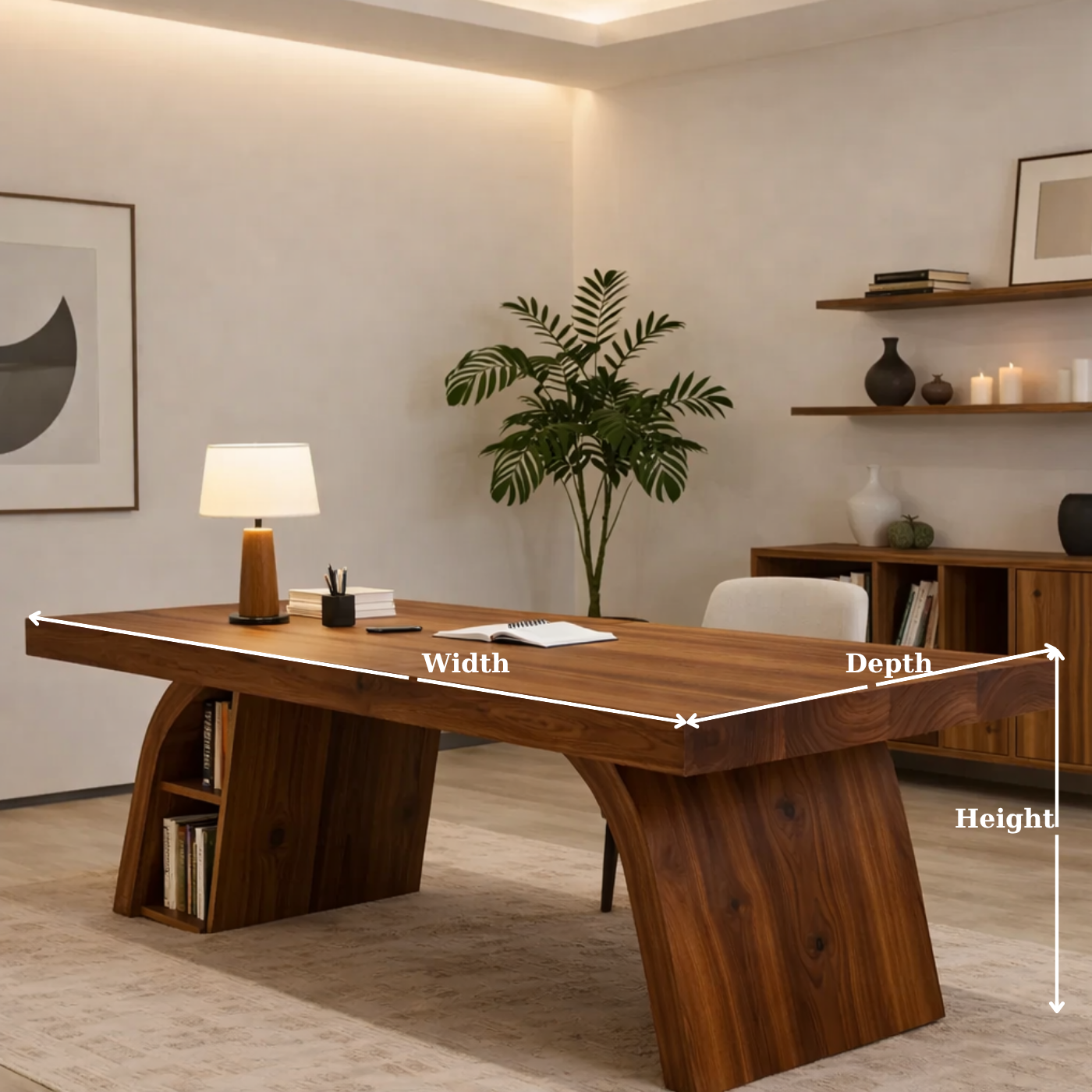 Solid Wood Desk with Thick Slab Top and Integrated Shelf Storage