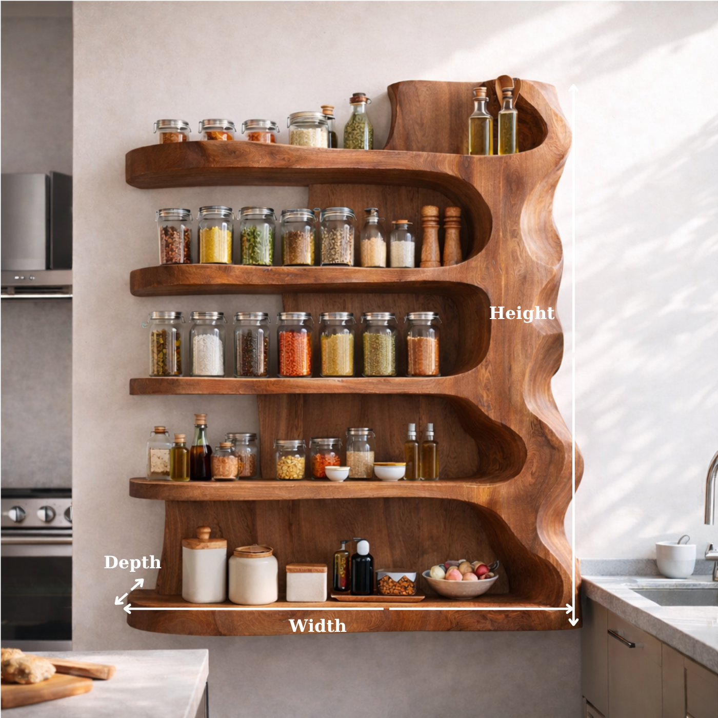 Solid Wood Kitchen Cabinet Shelf – Sculptural Floating Spice Storage Unit