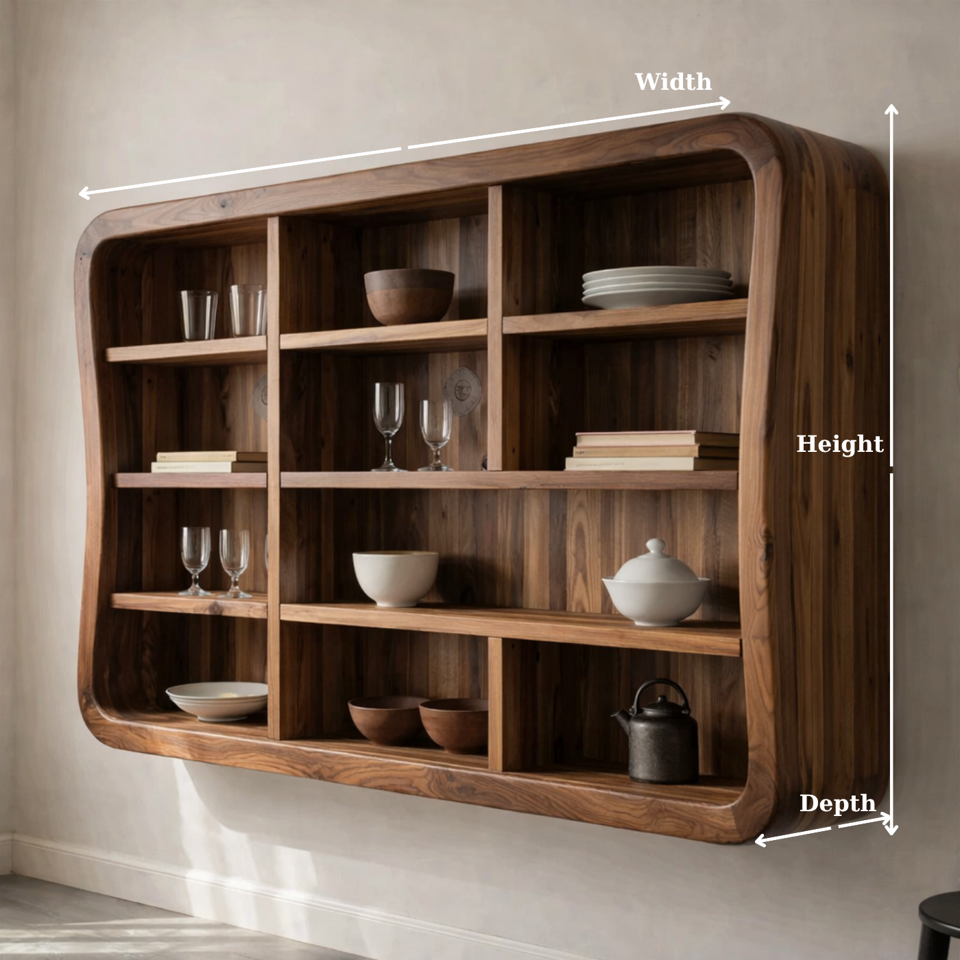 Solid Wood Kitchen Cabinet Shelf – Curved Floating Wall Storage Unit