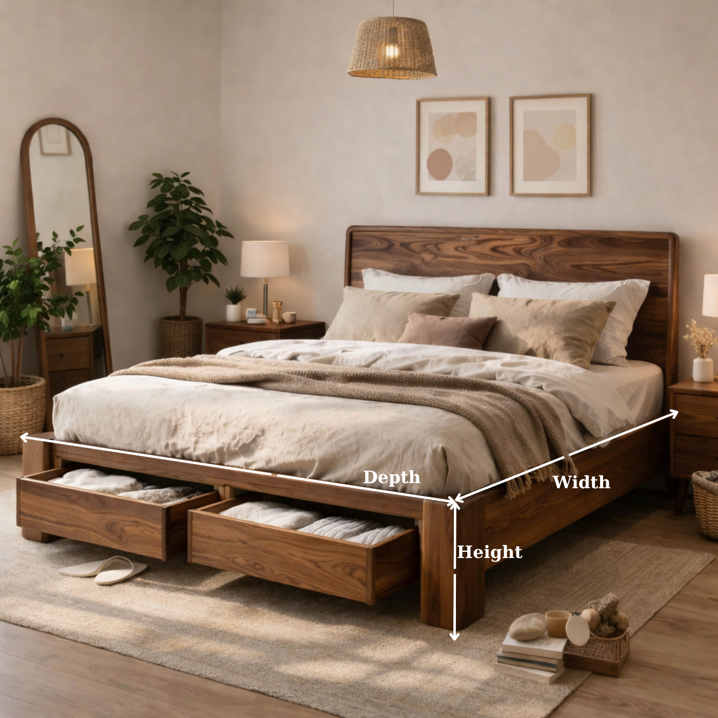 Solid Wood Bed Frame with Storage Drawers – Modern Rustic Platform Bed