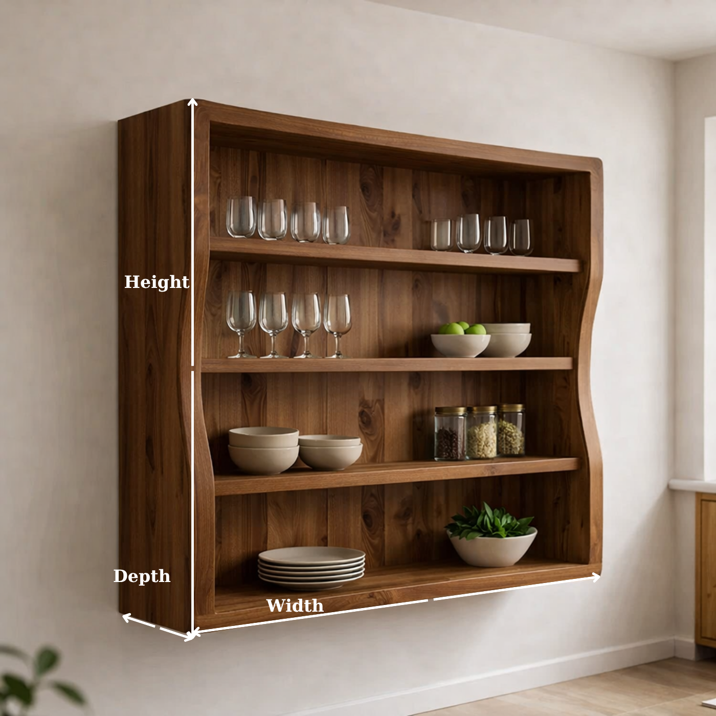Solid Wood Kitchen Cabinet Shelf – Curved Wall Mounted Storage Cabinet