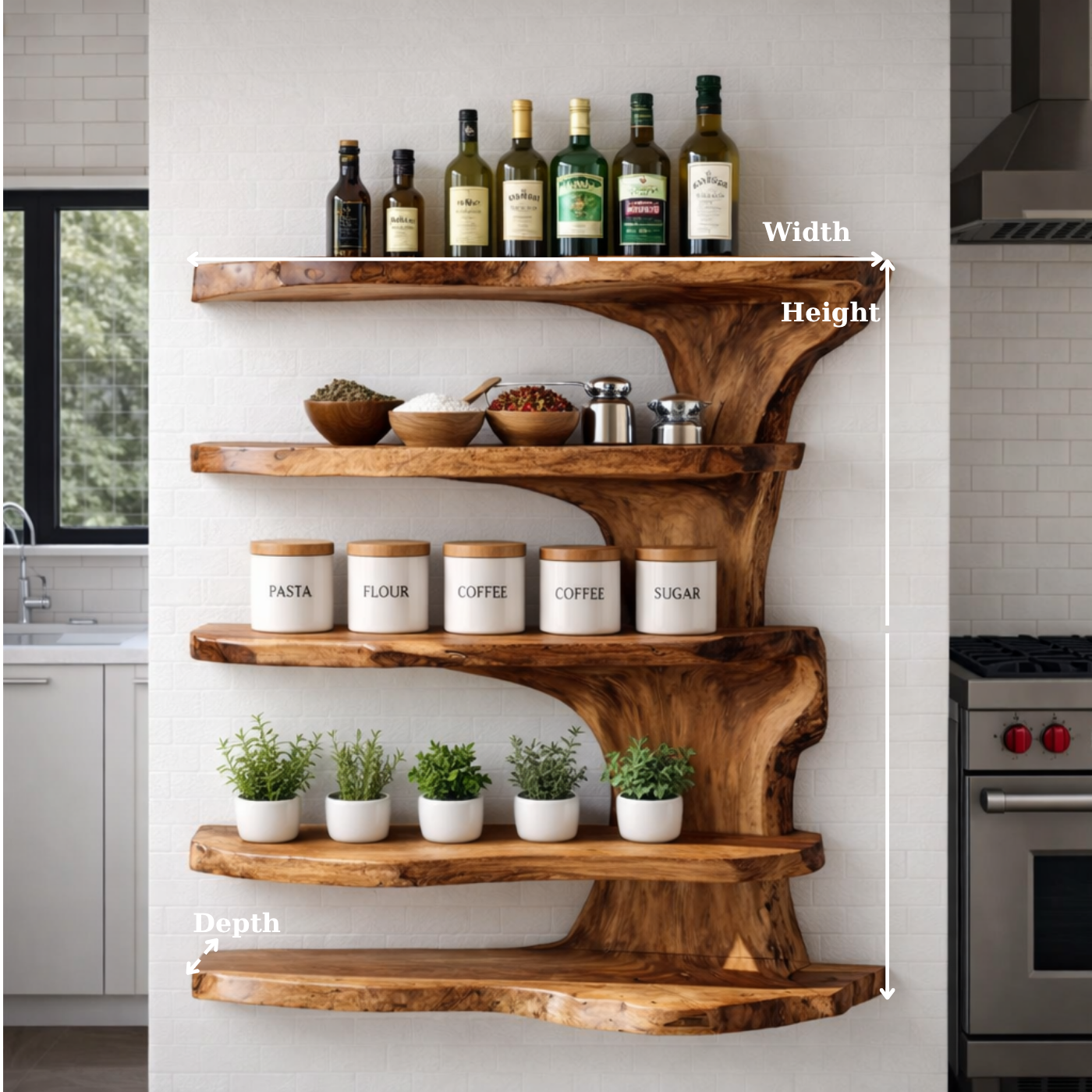 Solid Wood Live Edge Kitchen Cabinet Shelf – Organic Floating Wall Storage