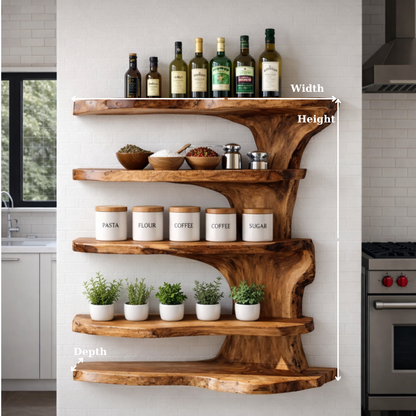 Solid Wood Live Edge Kitchen Cabinet Shelf – Organic Floating Wall Storage