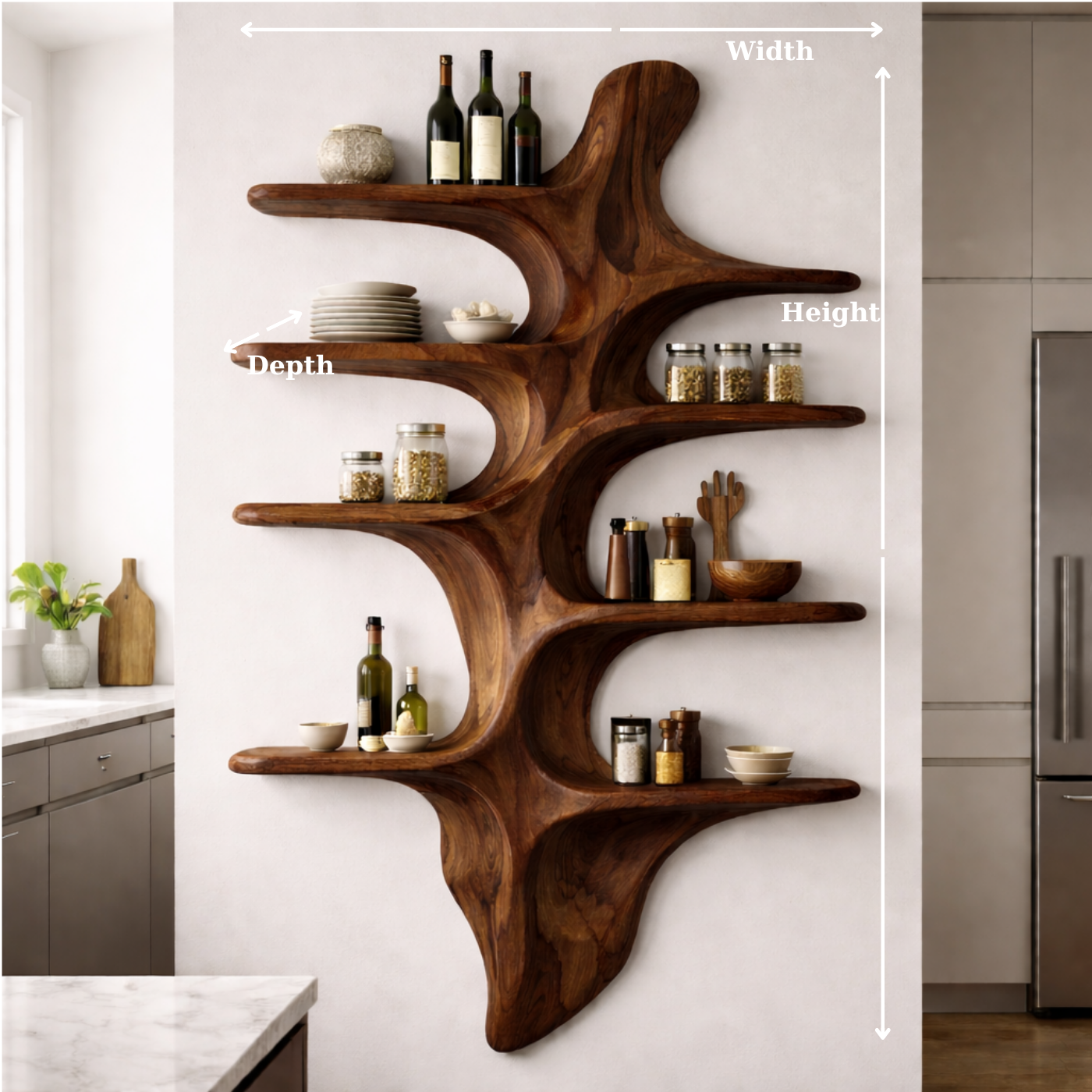 Sculptural Solid Wood Wall Shelf Kitchen Cabinet – Organic Live Edge Floating Storage