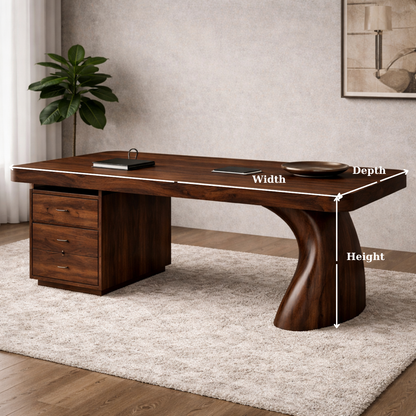 Solid Wood Executive Desk with Sculptural Leg & Drawer Storage – Modern Rustic Office Table