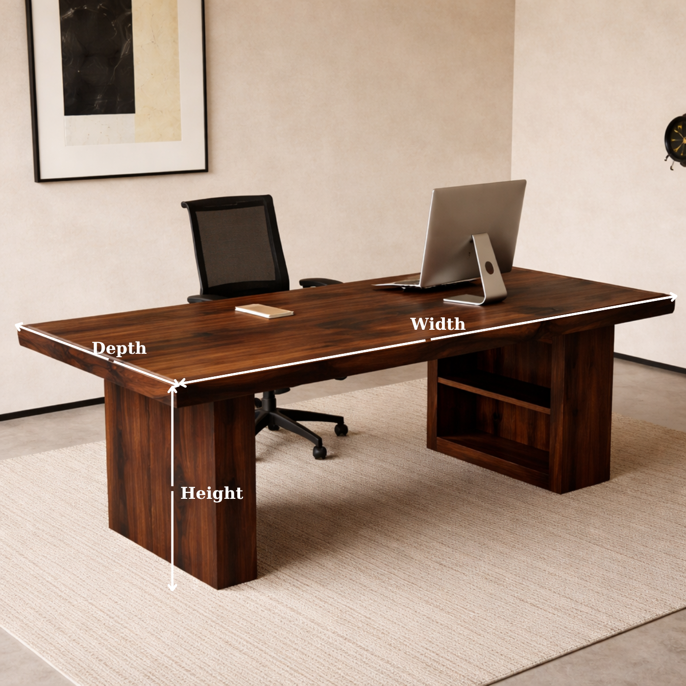 Solid Walnut Desk with Storage Shelf – Modern Minimalist Executive Office Table