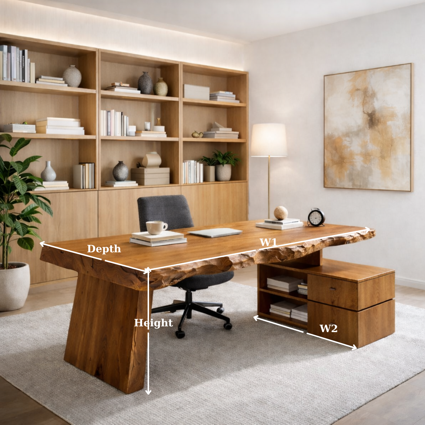 Solid Wood Live Edge Desk with Storage Cabinet – Rustic Modern Executive Office Desk
