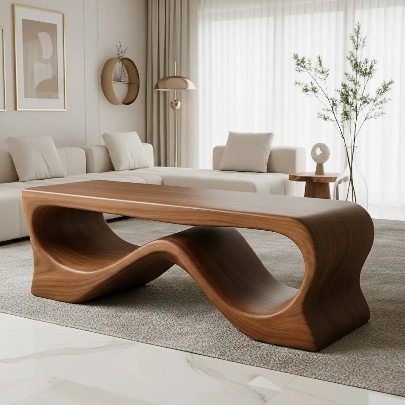 Handcrafted Solid Wood Coffee Table – Sculptural Walnut Wave Design Kitchnce
