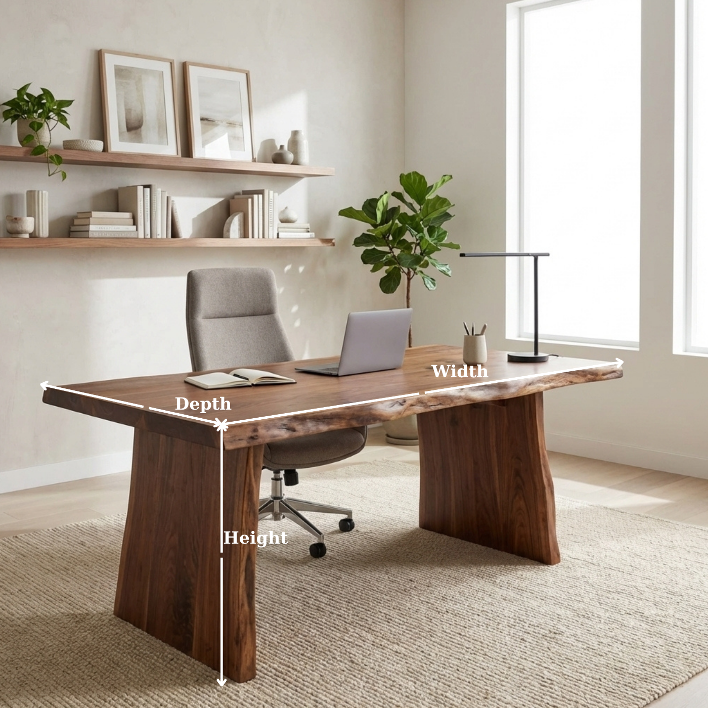 Solid Wood Live Edge Desk – Modern Minimalist Office Table with Sculptural Base