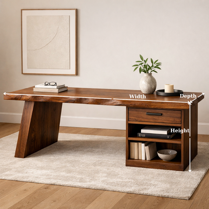 Solid Wood Desk with Drawer and Open Shelf Storage – Modern Rustic Design