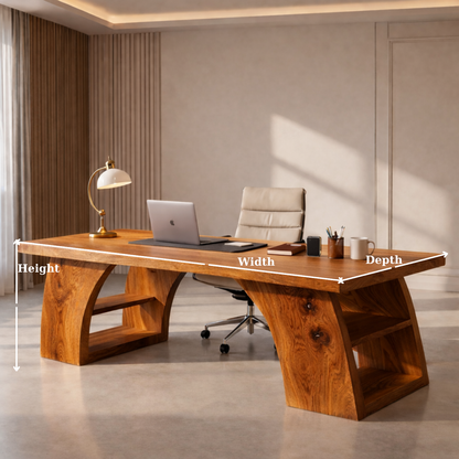 Solid Wood Executive Desk with Sculptural Base and Open Shelf Storage