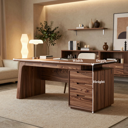 Solid Wood Executive Desk with Thick Slab Top and Drawer Storage