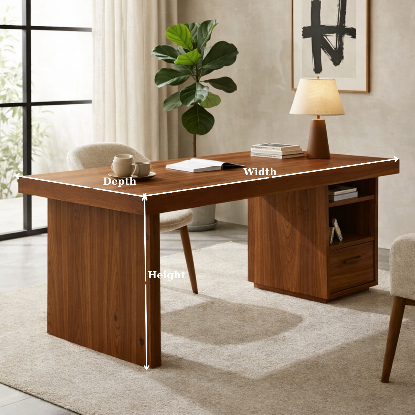 Solid Wood Desk with Thick Slab Top and Built-In Storage Cabinet