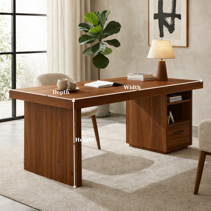 Solid Wood Desk with Thick Slab Top and Built-In Storage Cabinet