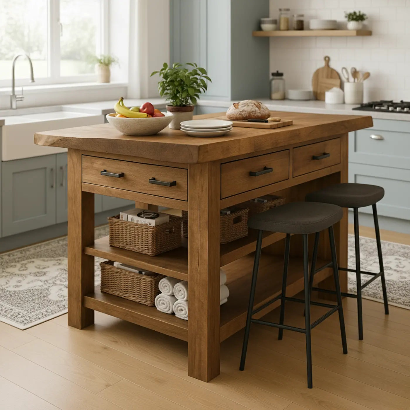 Handcrafted Solid Wood Kitchen Island - Rustic Top, Drawers & Open Shelving Kitchnce