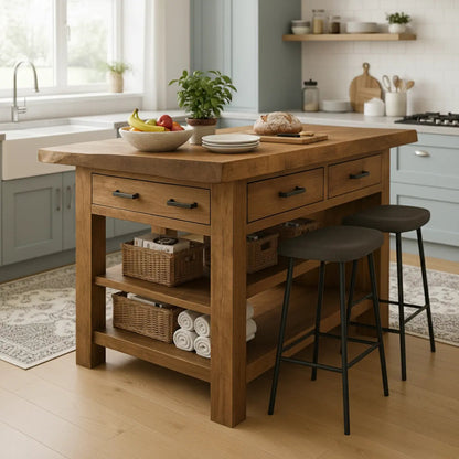 Handcrafted Solid Wood Kitchen Island - Rustic Top, Drawers & Open Shelving Kitchnce