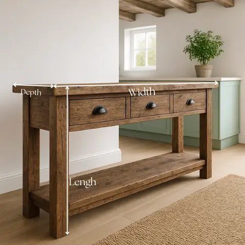 Rustic Solid Wood Console Table with Black Iron Handles, Handcrafted Kitchnce
